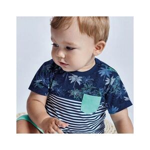 Size 24 months Mayoral Navy Blue Striped Tee with Mint Pocket and Tropical Print